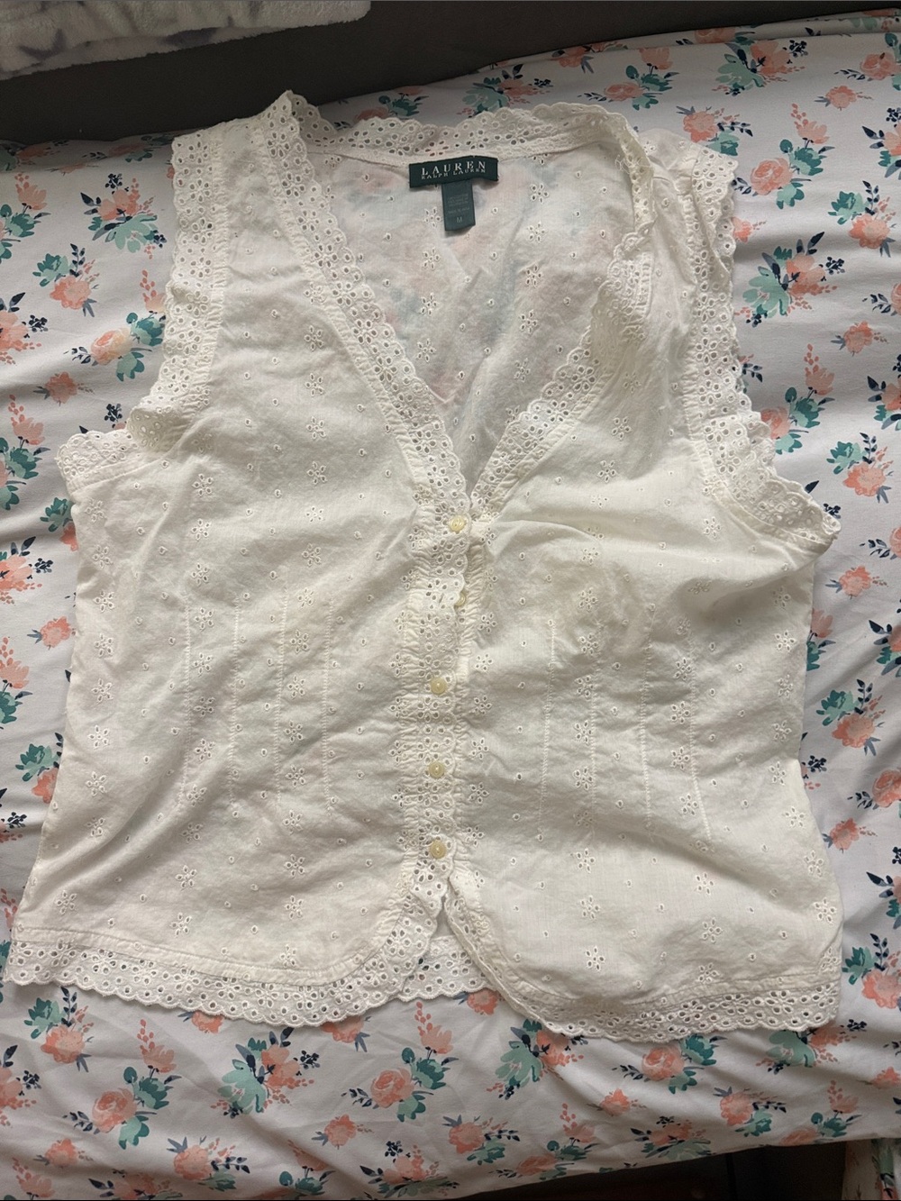 Lauren Ralph Lauren Cream Eyelet Button-Front Sleeveless Camisole